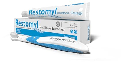 Restomyl Dentifricio, Rimuove la Placca proteggendo le Gengive, per Cani e Gatti, Antibatterico e sbiancante - Confezione con spazzolino extra soft
