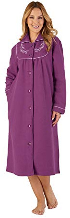 Slenderella Womens Button Up Dressing Gown Soft Boucle Fleece Embroidered Housecoat Large (Plum)