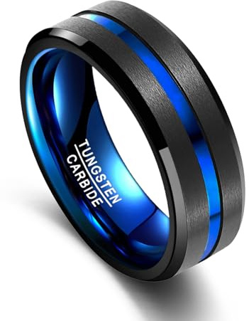 Vakki 8mm Wolfram Ring für Herren, Dünne Rille, Schwarz-Blau Zweifarbig Ringe für Hochzeit und Alltag, Komfortpassform, Abgeschrägte Kanten, Größe 70(22.3)