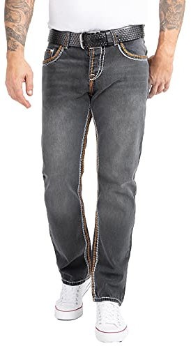 Rock Creek Herren Jeans Hose Comfort Fit Dicke Nähte Jeans Herrenjeans Herrenhose Denim Stonewashed Basic Weites Bein Raw RC-2168 Dunkelgrau W31 L32