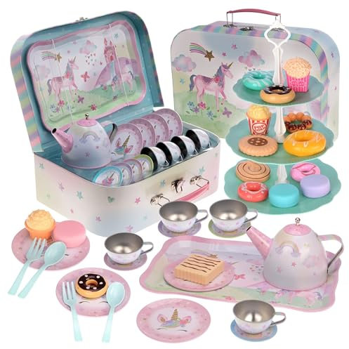 Jewelkeeper Regenbogen Einhorn Design Teeservice Set - 42-teiliges Zinn Tee Set für Kinder mit Lebensmitteln & Tragekoffer, Englisches Spielgeschirr für die Kinderküche