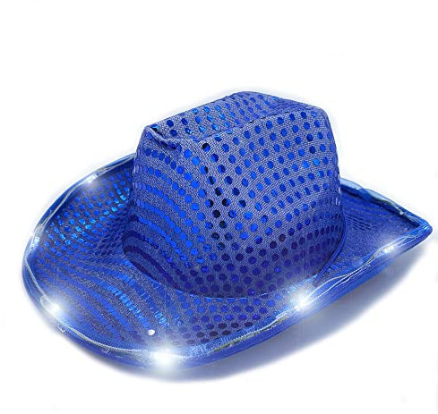 LEEMASING Sombrero LED de vaquero de lentejuelas para fiesta de fiesta con luz intermitente, fiesta de baile, vaquero para Navidad, Halloween, cumpleaños, boda, fiesta (Azul)