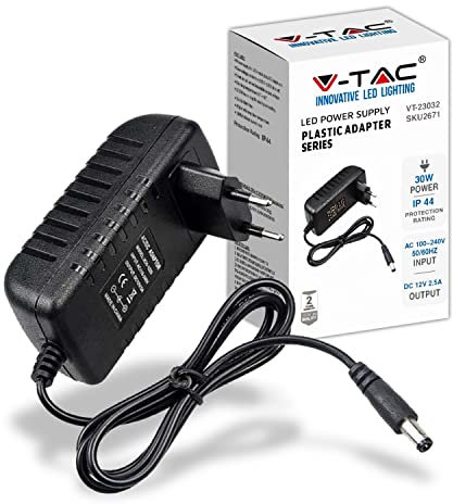V-TAC Adaptateur Alimentation 12V 30W 2,5A pour Caméras, Bandes LED, Modems - Transformateur Chargeur 12V - Prise 2 Pin EU pour Equipements Electroniques - AC 100-240V 50/60Hz - Noir 2671