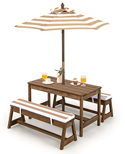 KOMFOTTEU Juego de Muebles Infantiles con Sombrilla, Conjunto de Picnic con 1 Mesa y 2 Bancos para Niños, Conjunto de Asientos de Madera de Abeto con Cojines para Jardín, Parque, Terreza (Marrón)