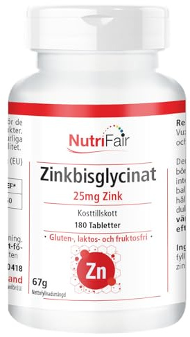 Zinkbisglycinat - med 25 mg zink per tablett - 180 tabletter - högdos - 100% vegan - tysk produktion och laboratorietestning - NutriFair | Premium & Fair