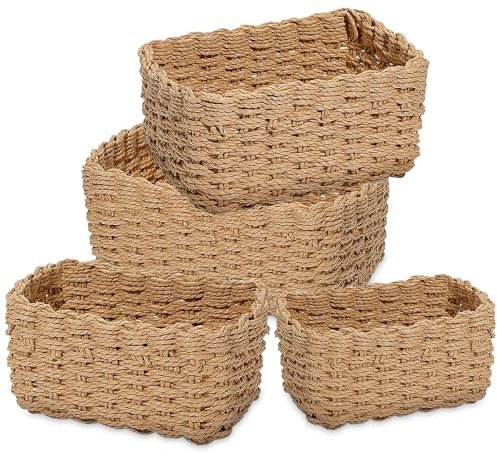 Lighterday Wicker Gift Baskets 4 Pcs Small Hampers - Woven Storage Basket 4 Sizes - Brown Rectangular Wicker Baskets for Shelves, Gift, Bathroom, Bedroom, Kitchen, Office Storage