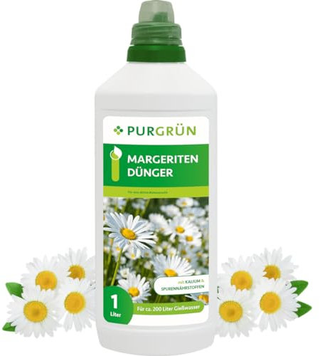 Purgrün® Margeriten-Dünger 1 Liter – Spurennährstoffe für leuchtende Blüten – Extra Kalium fördert die Widerstandskraft – Ergiebiges Konzentrat für 200 Liter Gießwasser – Premium-Flüssigdünger