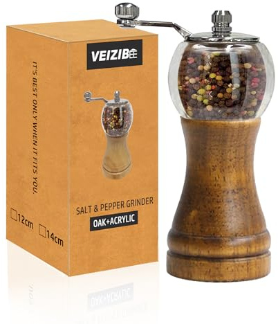 VEIZIBEE Pepper Mills, Classical Roast Black Manual Pepper Grinder Set，Hand Shake Salt Mill，Retro Style Wood， Acrylic，Ceramic Blades，Metal Handle, Enjoy Fresh Pepper (Walnut color 1pcs-6in)