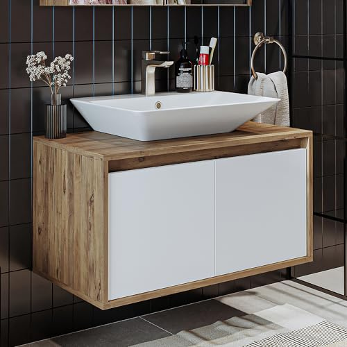 ROOMART • Badmöbel • Atlantic • Keramik Waschbecken mit Unterschrank 65 cm, 85 cm, 100 cm, • Weiß - Eiche • Anthrazit-Eiche • Weiß (Weiß-Eiche, 85 cm)