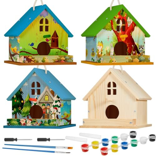Juexica 4 Pack DIY Birdhouse Kits for Kids Ages 6+ Build and Paint Wooden Bird House Arts and Craft Project with Paint Strips Brushes for Boy Girl Adult Classroom Indoor Outdoor Crafts (Window)