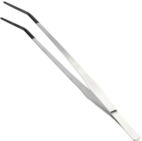 CAPASTEC Reptile Feeding Tongs, Stainless Steel Lizard Feeding Tongs, Aquarium Curved Feeding Tweezers for Reptiles with Rubber Tip, Terrarium Feeding Tongs 14.96 L, Black Silver Tone