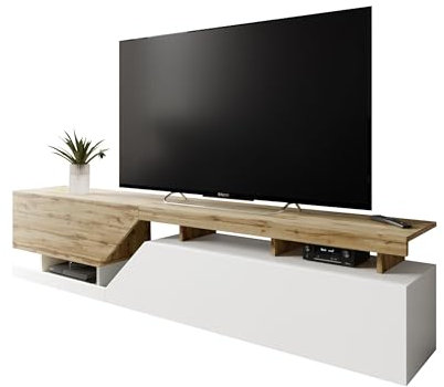 Mirjan24 TV Lowboard Nesezi 200, Grifflose Öffnen, 2 Klappen/Türen, TV Board Sideboard, Unterschrank, Fernsehschrank, TV Tisch, Fernsehtisch (Weiß/Wotan)