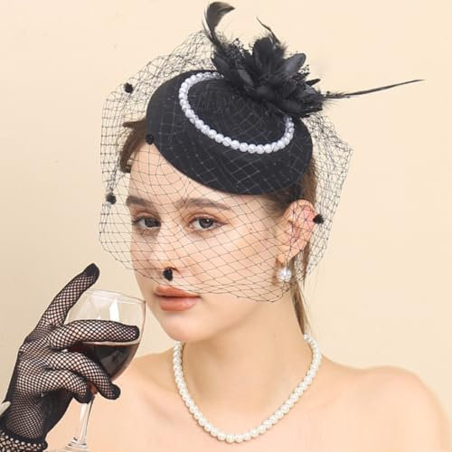 KARLOR Vintage Hut Schleier Damen Haarschmuck Vintage Kopfbedeckung Damen Hut 1950er Kopfschmuck Federn Mesh Blumen Perlen Hüte Feder Gesichtsschleier Schwarz Party Fascinator Halloween Cosplay