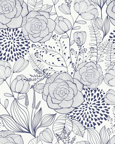 Wudnaye Navy Blue Floral Peel and Stick Wallpaper Blue and White Wallpaper 16.9×118 Navy Floral Stick and Peel Wall Paper Flowers Contact Paper Self Adhesive Removable Waterproof for Bathroom Decor
