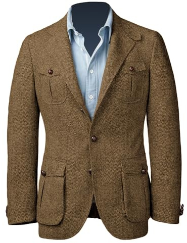 RAJEGAR Uomo Blazer in Tweed Vintage a Spina di Pesce Sportivi Giacche Casuali con Due Bottoni Marrone Slim Fit, Marrone, 3XL