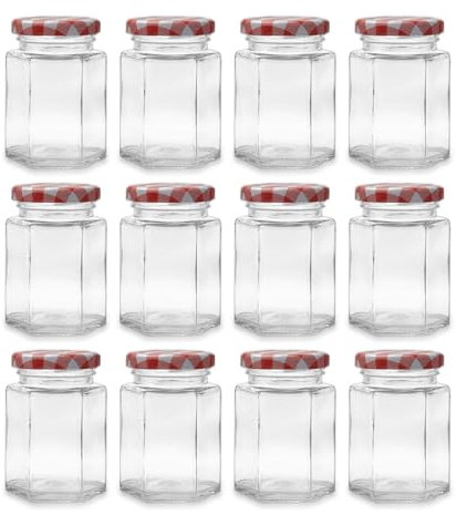 Hniuyun 12 Pack Hexagonal Glass Jam Jars, 100ml 3.3 fl.oz Glass Jar with Lid for Sealing, Clear Canning Jars for Food Storage, Spices, Honey, DIY Projects (Red)