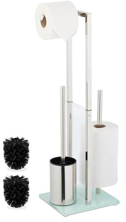 Relaxdays WC Garnitur, stehender Klopapierhalter mit Bürste, Ersatzrollenständer, HBT: 64,5x24x18 cm, Edelstahl, Silber