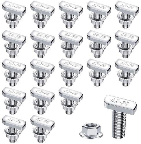 Forbabe 20 Pièces Vis à Tête Marteau M10x25mm, Vis en T en Acier Inoxydable et Ecrous à Bride M10 pour Rails de Montage Solaires PV, Vis de serre (10 mm)