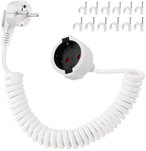 Schuko Verlängerungskabel Spiralkabel, 2m Schutzkontakt Spiralverlängerung 0,6 m auf 2m dehnbares Spiral-Kabel Stecker Verlängerung Kurz mit Kupplung 230V/16 A für Zuhause, Büro, Außenbereich, Weiß