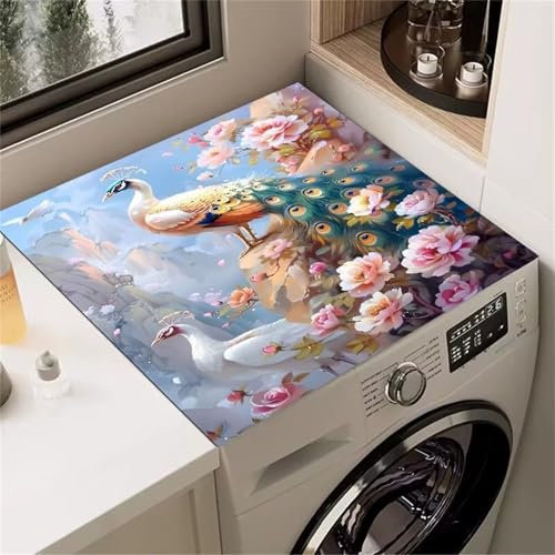 Highdi Imprimé Paon 3D Housse de Protection pour Machine à Laver Top,Coussin de Machine à Laver Antidérapant Housse de Machine à Laver pour Machine à Laver Ou Sèche-Linge (Fleurs 4,65x65cm)
