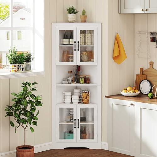 GiantexUK 171cm Corner Cabinet, 6-tier Triangular Storage Cabinet with 2 Adjustable Shelves, 4 Glass Doors & Anti-Tipping Device, Wooden Sideboard Organizer for Dining Living Room