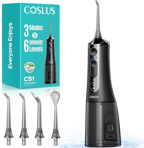 COSLUS C51 Jet Dentaire Hydropulseur Irrigateur Oral: 3 Modes & 18Niveaux, Pic Dentaire Eau pour Orthodontie, Appareil Dentaire, Gencives Sensibles, Compact pour Voyage, Noir Brillant