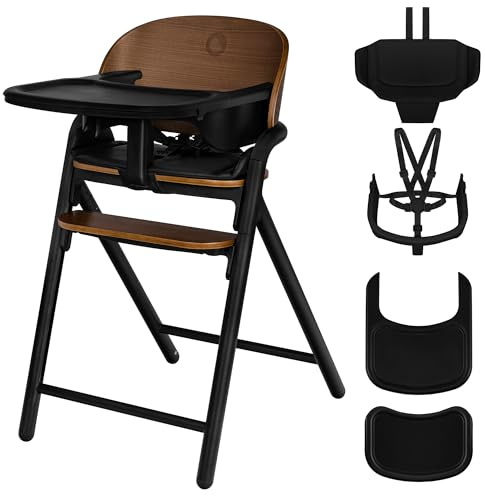 Lionelo Celia Holzhochstuhl zum Füttern, Wächst mit dem Kind von 6 Monaten bis 110 kg, Verstellbare Fußstütze, 5-Punkt-Gurte, Sitzkissen, Pflegeleicht