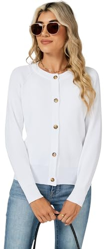 Famrrifuu Cardigan Donna con Bottone Collo Rotondo Leggero Maniche Lunghe Aperto Giacca Elegante Casual Cardigan in Maglia, Bianco, M