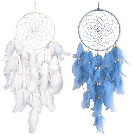 Dream Catcher, Blue and White Feather Dreamcatcher for Girls, 2-Piece Set Wall Hanging, 15 x 14.9 x 1.9 cm, Blue Bedroom Accessories, Girls Room Decor