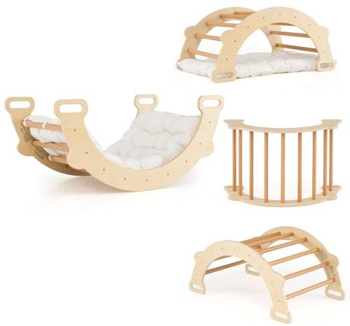 HOMASIS Arco di Arrampicata con Cuscino, Struttura di Arrampicata in Legno da Interno, Arco Montessoriano per Dondolare e Arrampicarsi, Struttura da Arrampicata per Bambini dai 3+ Anni (N.Naturale)