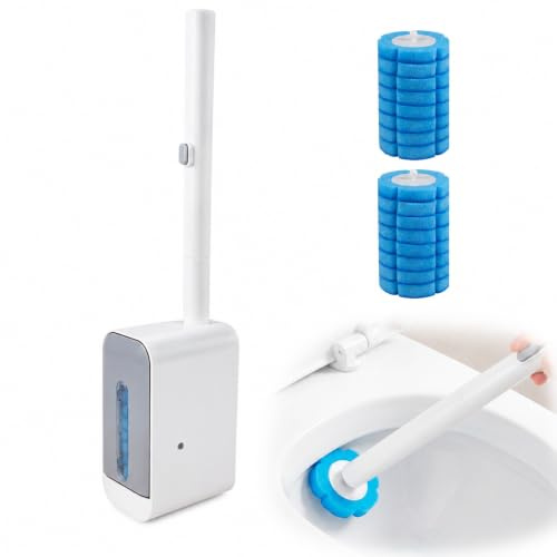 Escobilla WC con 16 Recambios, Cepillo para Inodoro Colgante sin Taladrar, Cabezales de Esponja, Soporte para Limpieza de Baño, Hogar y Hotel