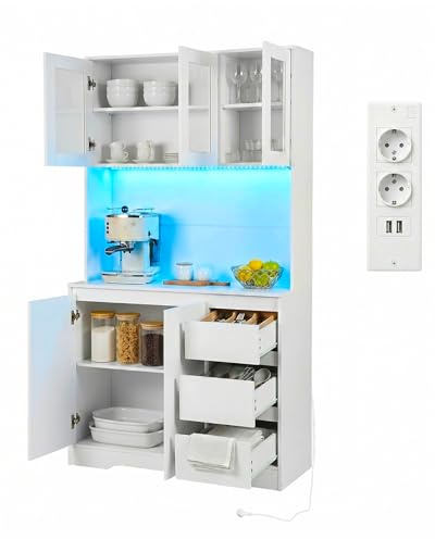 Ginhow Armario de Cocina con Enchufe y USB, Blanco Alto Vitrina Aparador para Cocina Salón, Mueble Alacena con Luz LED, Organizador