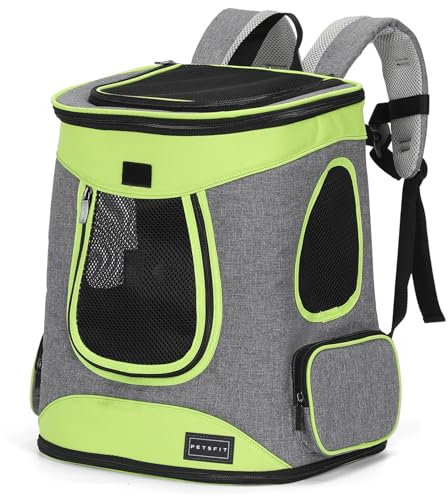 Petsfit Hunderucksack & Katzenrucksack für große Katzen bis 5kg - Leichter Katzen Rucksack mit Netzfenster, Brustgurt & Polster - Atmungsaktiver Rucksack für kleine Hunde, Grün+Grau
