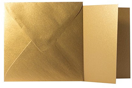 Briefumschläge24Plus 25 Quadratische Gold Briefumschläge 120g von der Größe 10 X 10 cm + Klappkarten 240g von der Größe 9,5 X 9,5 cm, mit dreieckiger Lasche zum Kleben ohne Fenster