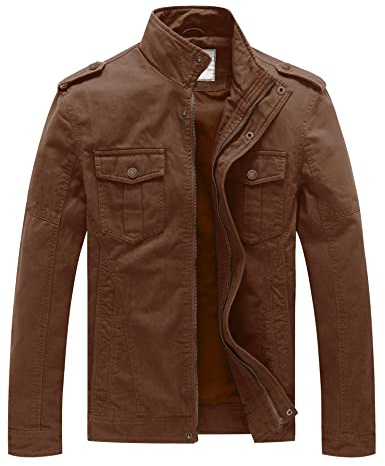 WenVen Chaqueta Clásica al Aire Libre Chaqueta Cuello Alto Sahariana Rompevientos Cremallera Delgada Chaqueta de Aviador Invierno Hombre Marrón Medium