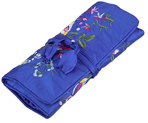 KYEYGWO Pochette Rouleau à Bijoux pour Voyage, Broderie Chinoise Organisateur de Bijoux pour Rangement de Bracelet Collier Bague, Bleu