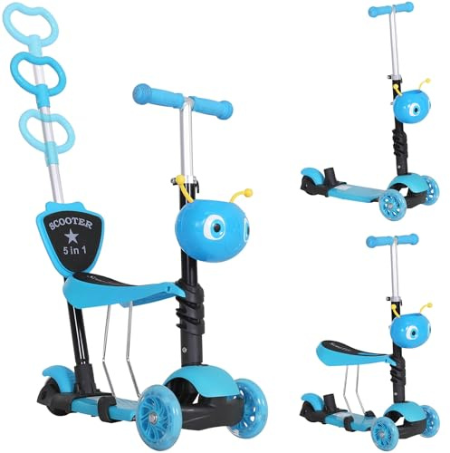 HOMCOM 3 en 1 Trottinette pour Enfants Trottinette 3 Roues évolutive Hauteur Guidon réglable Charge Max. 50 Kg Canne télescopique Selle Dossier Amovible Bleu