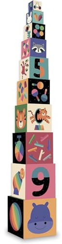 Vilac Thick Cardboard Stacking, Balancing Game, Montessori Toy, Promotes Dexterity, 2 Yrs+, 14 x 14 x 87 cm, 5 Sides Illustrated By Andy Westface (Animal, Number, Circus Act) 10 Nesting Cubes Rainbow