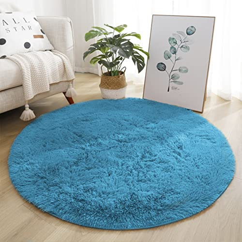 Lifup Teppich Shaggy Anti Rutsch Pflegeleicht, Rund Langflor Teppich für Wohnzimmer Schlafzimmer Kinderzimmer Hellblau 200 cm