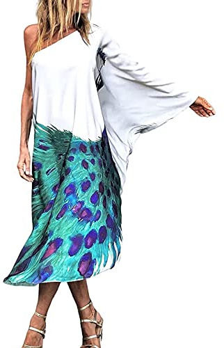 Chunoy Vestido largo de caftán suelto con un hombro para mujer, dobladillo asimétrico, estilo caftán, vestido largo, color pavo real