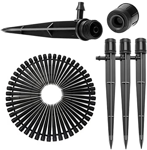 50 Pezzi Goccia a Irrigazione Regolabile, VooGenzek 360 Gradi Gocciolatore di Emettitore Micro con Barb Connettore & Staffa per Tubo, Teste di Irrigazione da Giardino per Tubo 4/7 mm, Nero