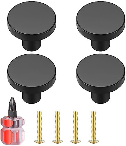 Black Brass Drawer Knobs, Round Kitchen Cabinet Pulls Door Knobs for Chest of Drawers Furniture Cupboard Dresser Wardrobe Door Handles and Knobs, with Screws and Screwdriver - 20x25 mm (4 Pcs)