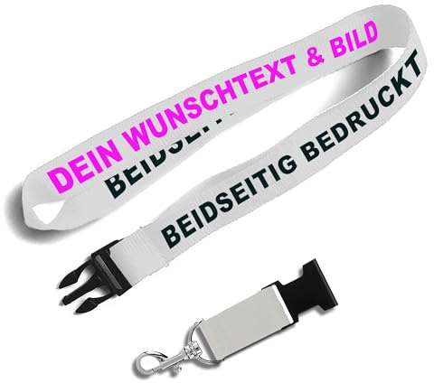 Kiwistar UG - Schlüsselband 25 mm - weiß - beidseitig bedruckt mit Ihrem eigenen Schriftzug und Foto - individuell personalisiert - Lanyards Geschenkartikel Wunschtext