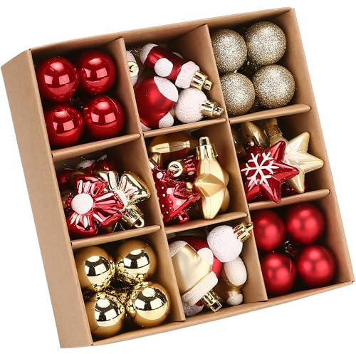 Sea Team 62-Pack Gemischte kleine Weihnachtskugel-Ornamente mit Schnüren, 30/1,18 Zoll kleine Kugeln, Kunststoff-Weihnachtskugeln, zum Aufhängen von Dekorationen für Weihnachtsbäume,(Rot & Gold)
