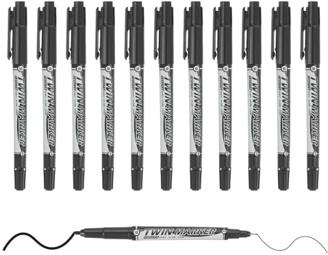 M&G Permanenta tvillingmarkörer, dubbel ultrafin punktspets (1,5 mm + 0,5 mm), 12-pack snabbtorkande, vattentäta fiberspetspennor för papper, glas, plast, trä, sten, metallyta, svart