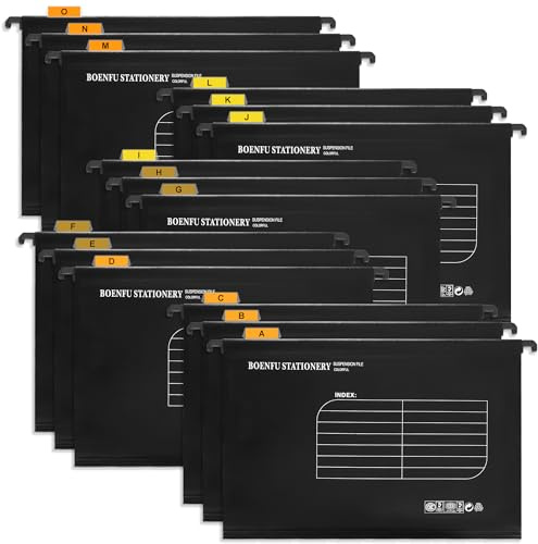 Foolscap Suspension Files,BOENFU 15 Pack Polypropylene for Suspension Files Filing Cabinets with Tabs,Card Inserts for School Home Office (15 Pack,Black)