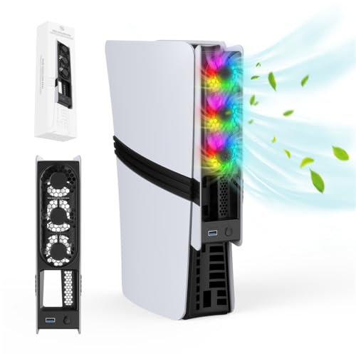 RGB-Lüfter für PS5 Pro, Effizientes Kühlungszubehör mit 3 Lüftern, Leiser Lüfter mit Einstellbarer Geschwindigkeit, USB 3.0-Anschluss, Lüfter für PS5 Pro/PS5 Slim Disc/Digital (Schwarz)