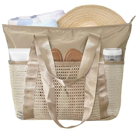 Mabecol Borsa Mare Grande Donna in Nylon Impermeabile - Borsa da Spiaggia Impermeabile con Rete Tasche, Tote Bag Capiente con Cerniera per Spiaggia, Viaggi e Piscina (Beige)