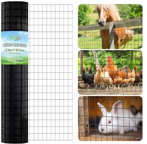 Thealyn Garden Wire Mesh 5FT x 50FT(1.52M x 15.2M) for USE 6 FT Fence Post, 5cm x 7.5cm Holes, Hot-Dipped Mesh Fencing, 2mm PVC Coated Welded Wire Fence Welded Cage Poultry Netting for Garden, Coops