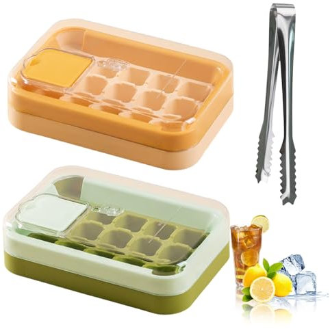 CYIOU 2 Piezas Cubiteras para Hielo Cubitera con Tapa Reutilizable Cubitos de Hielo de Plástico para Bandejas de Cubitera Hielo Whisky Cerveza Zumos Cócteles (Amarillas/Verdes)